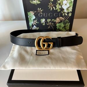 Gucci Black Slim Leather Double G Belt - Size:75